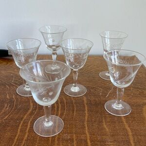 STEMWARE Cordial liquor aperitif Lovely mid century antique Five etched glasses